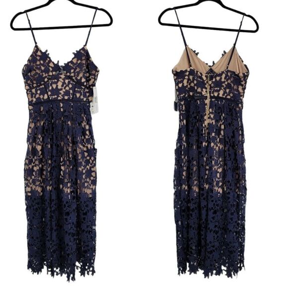 Aqua Bendita Lace Cami Midi Dress S Navy Spaghetti Fit Flare Ladder Lace Bodice - Picture 1 of 13